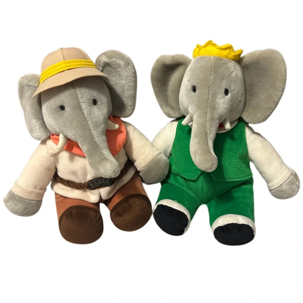 Vintage 80s Barbar Elephant Rare Vintage Plush Toys Lot Animals Gray Green Brown